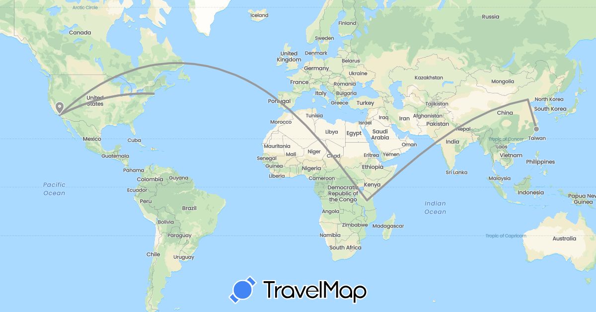 TravelMap itinerary: driving, plane in China, Tanzania, United States (Africa, Asia, North America)